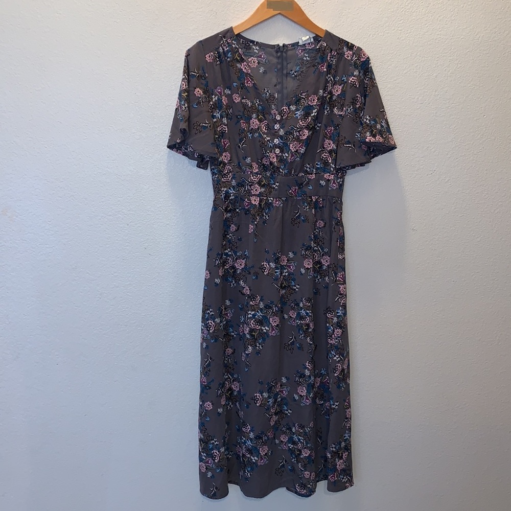 Anthropologie Emberley grey floral button top short sleeve maxi dress